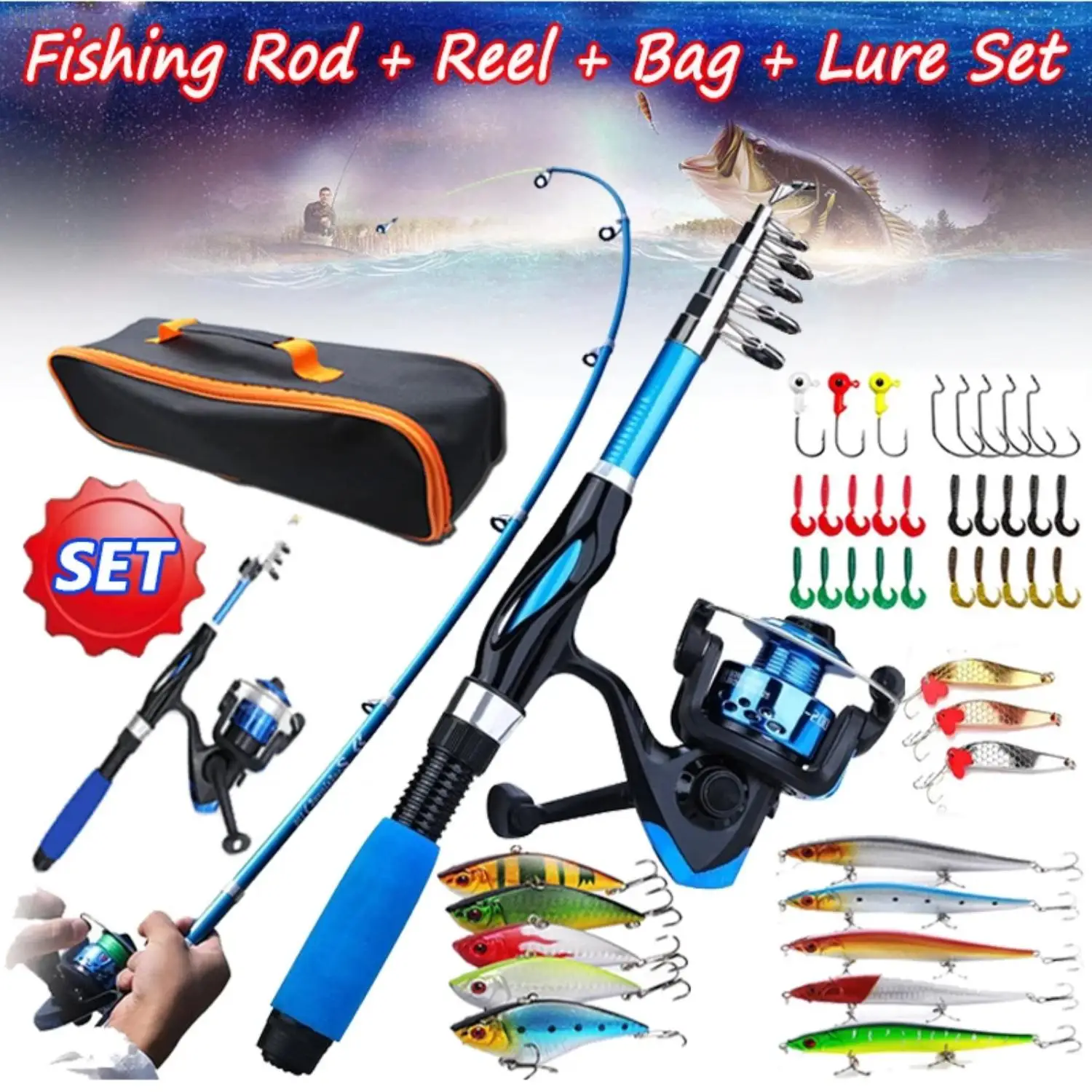 

New Fishing Rod Full Kits 1.2M Telescopic Sea Spinning Reel Baits Lure Set Travel Fishing Gear Accessories Bag Beginner 6 Option