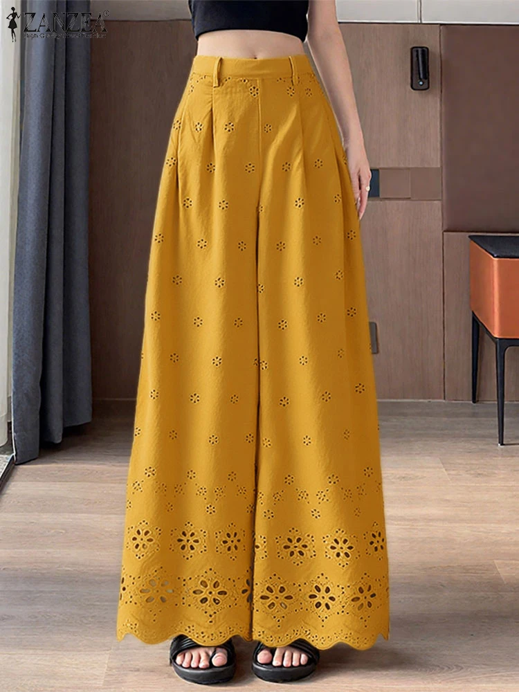 Women Lace Pants Fashion Office Work Hollow Out Wide Leg Trousers Solid Color Pockets Casual Loose Long Bottoms 2025 ZANZEA