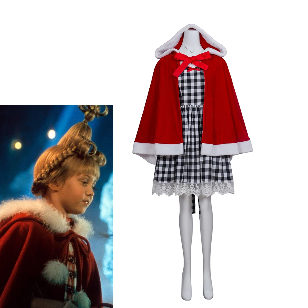 

Movie Stole Christmas Cindy lou Who Cosplay Costume Women's Plaid Dress with Red Cloak Halloween Carnival Christmas Party Suit