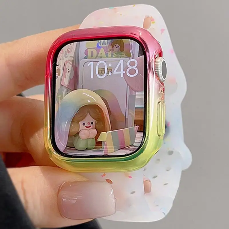 Cute Jelly Color Silicone Strap Gradient Case Set For Apple Watch 49mm 45mm 46mm 44mm 41mm 40mm 38mm Gradient Case Set