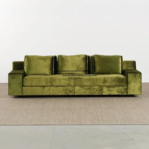 Retro olive green velvet square armrest three person sofa minimalist living room light luxury straight row fabric sofa