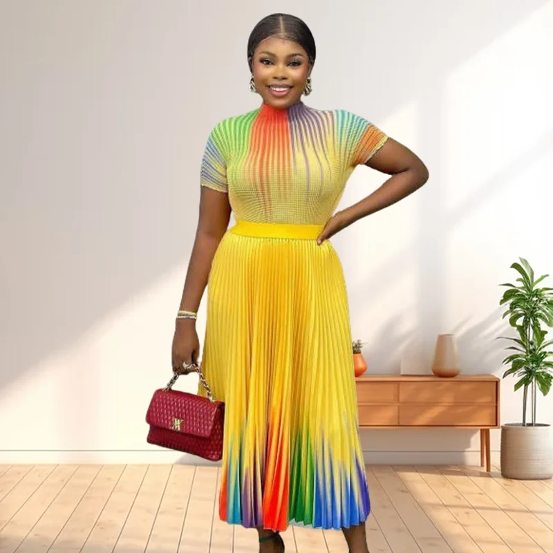 

Printed Plus Size Women's 2 Piece Miyake Gradient Top Pleated Women's Summer Elegant Long Skirt Slim Stretchy Commuter Clothing