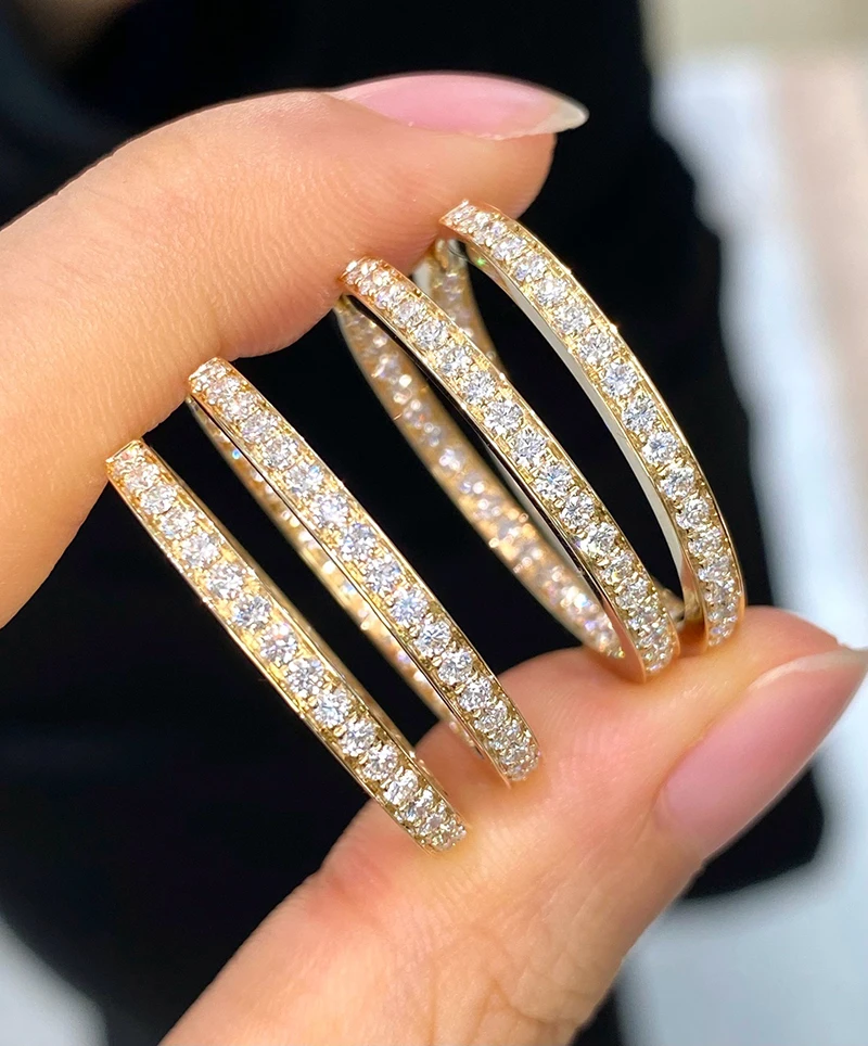 LUOWEND 100% 18K Yellow Gold Earrings Luxury Classic Design 25mm Real Natural Diamond Hoop Earrings for Women Senior Banquet