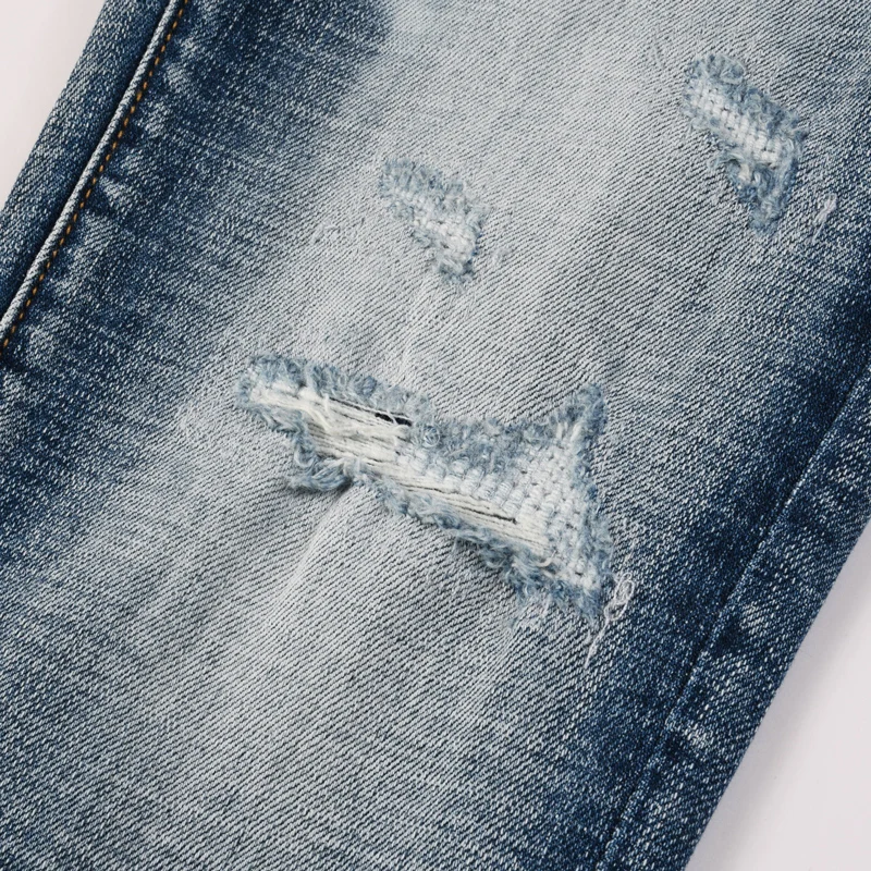 Men Light‑Blue Vintage Gradient Washed Scratch Ripped Skinny Jeans, Distressed Faded Denim Pants, Mid‑Waist Stretch Slim‑Fit Str