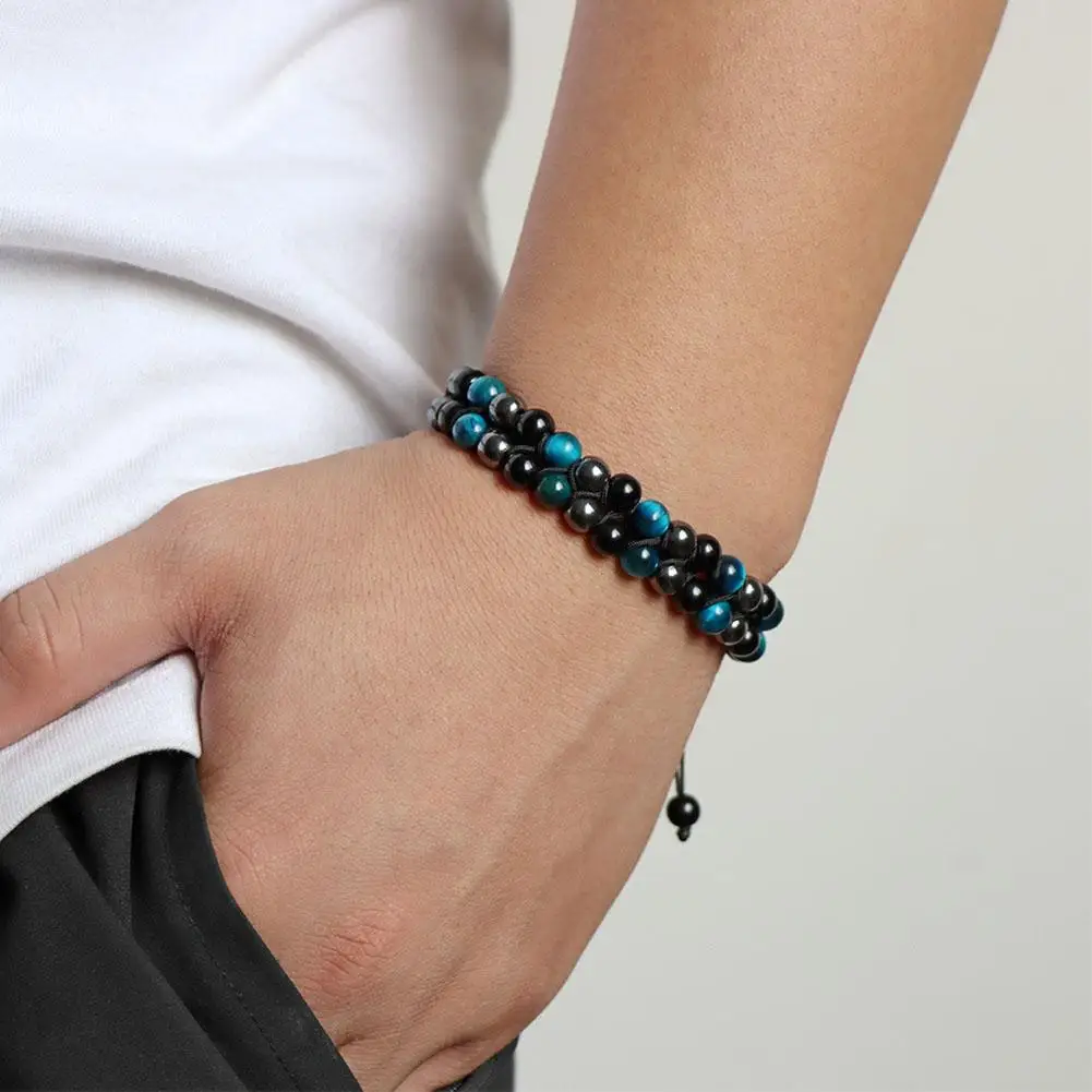 Gelang Perlindungan Tiga Baru 6Mm Manik-manik Mata Harimau Hitam Obsidian Hematit Gelang untuk Pria Wanita Gelang Pemberani Hombre S6S0