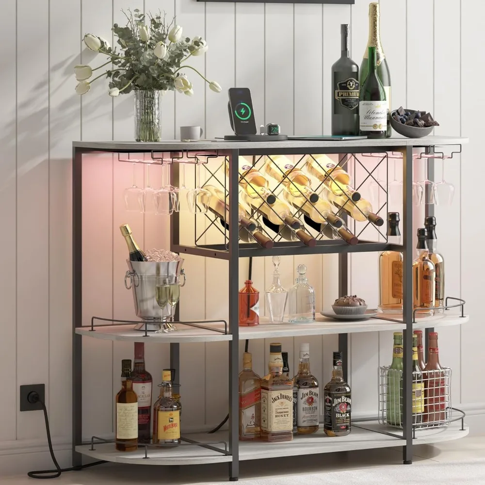 

Wine Cabinet Coffee Table with Power Socket and LED Light, Three Tiers Coffee Bar Table Wines Rack Liqour Bar, Wine Cabinets