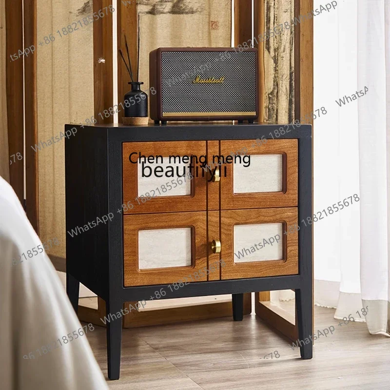 

zq1Solid wood bedside table, small French retro black bedside side cabinet rack