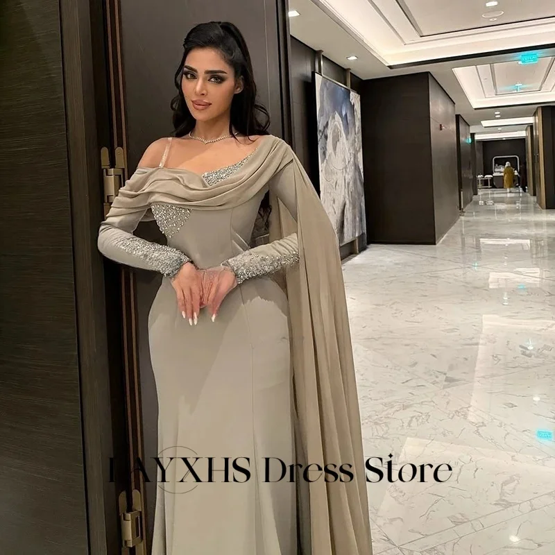 Eleganckie sukienki wieczorowe LAYXHS na jedno ramię, długi rękaw, syreni krój, koraliki, szal, plisy, formalne sukienki na studniówkę, szyte na miarę فستان سهرة ن