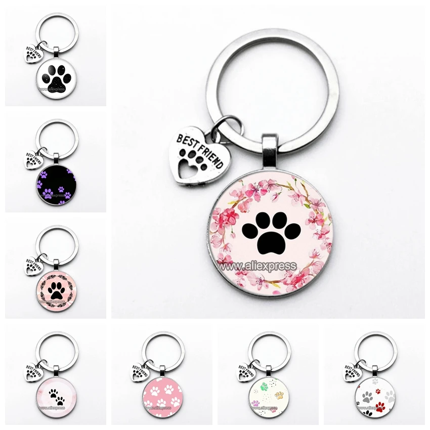 Fashion Jewelry Dome Glass Alloy Keychain Dog Paw Print Best Friends Lovely Classic Gift