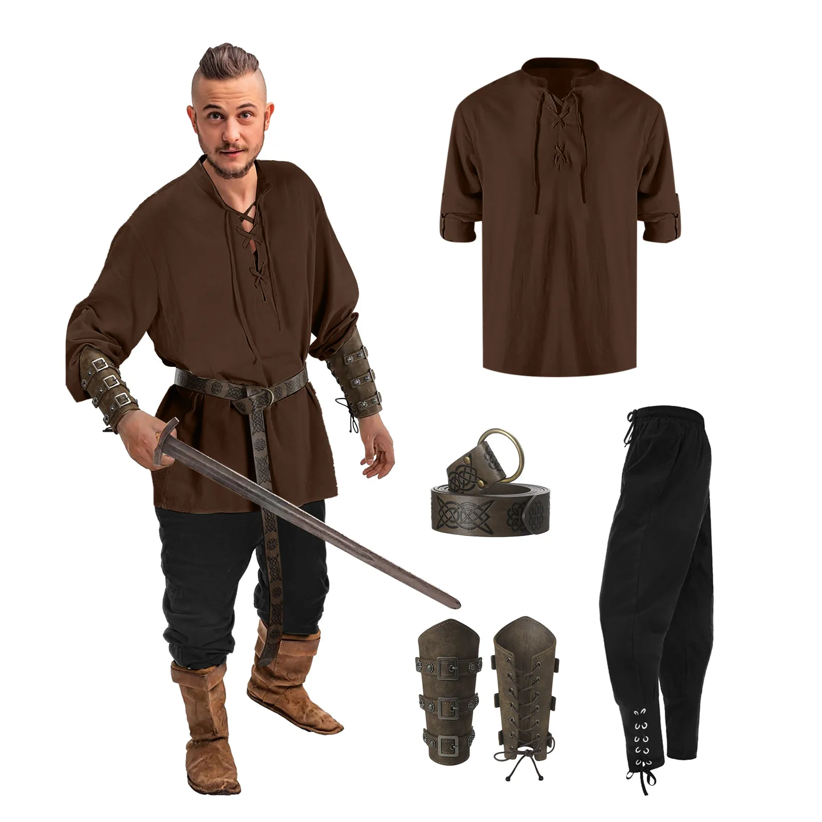 Medieval Viking Cosplay Costumes Men Shirt Pants Accessories Set Pirate European Ranger Vintage Halloween Costume Men's Set