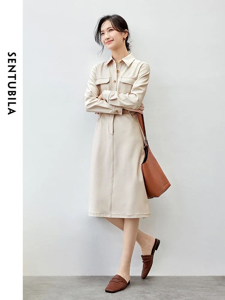 SENTUBILA Straight Dress for Women 2024 Autumn Patchwork Sashes Turn Down Collar Long Sleeve Office Lady Simple Dress 143L56807