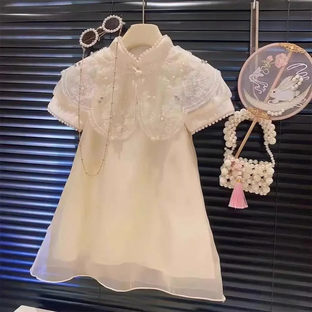 Summer New Chinese Style Elegant White Lace Flower Embroidered Short Sleeve Dress Sweet Girl's Clothes 2-7 Year Old Cheongsam