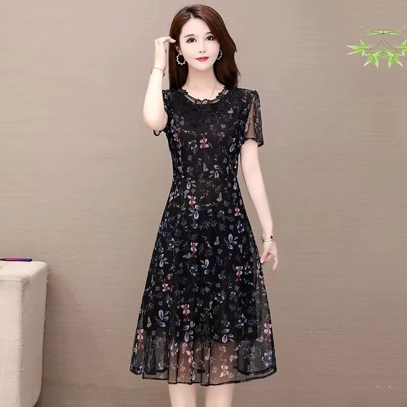 

Women Lace-up Mesh Dress 2022 New Spring Summer Female High-end Western-style Waist Embroidered Floral Dresses Trend