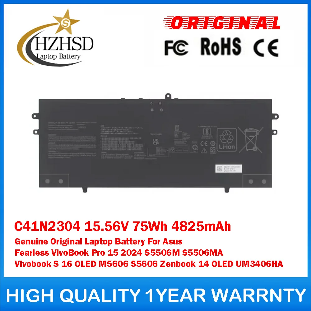 C41N2304 15.56V 75Wh 4825mAh Genuine Original Laptop Battery For Asus Fearless VivoBook Pro15 2024 S5506M VivobookS16 OLED M5606