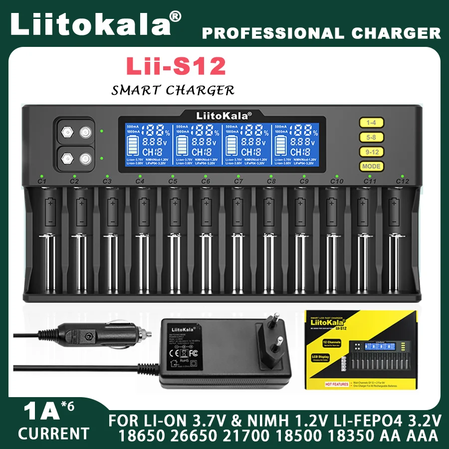 LiitoKala Lii-S12 Lii-CH2 12-gniazdowa ładowarka LCD 18650 do akumulatorów 20700 26650 21700 14500 10440 16340 1,2 V 3,7 V 4,2 V Lion