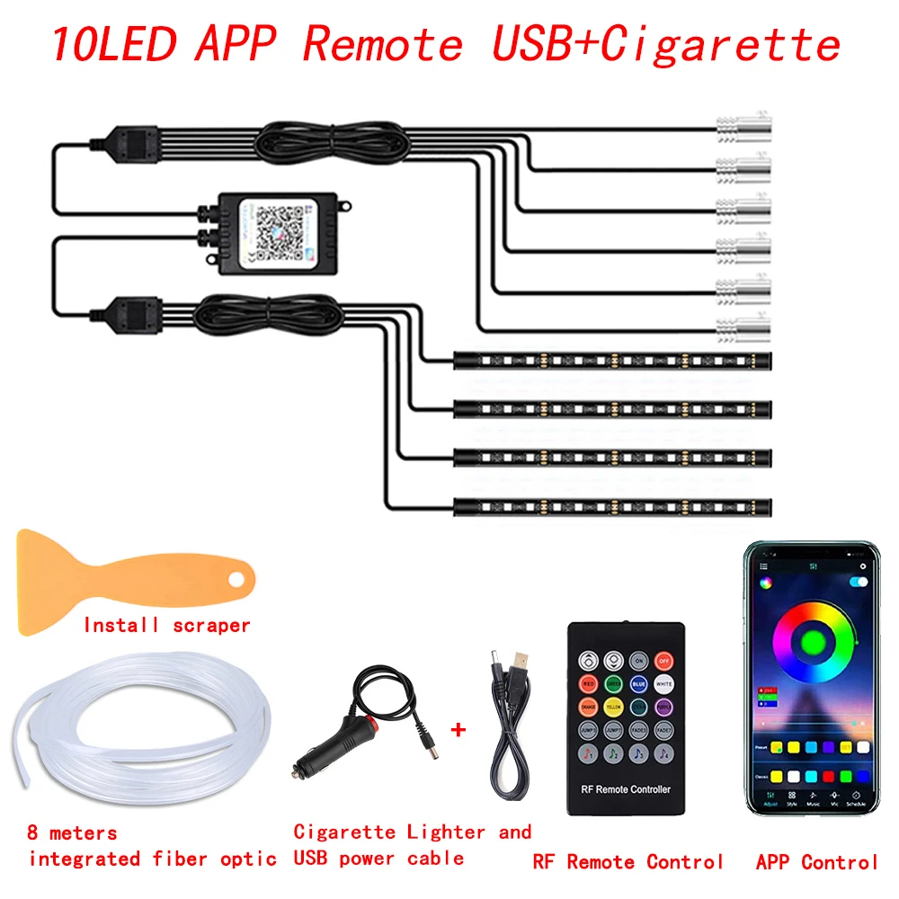 Led Auto Interieur Ambient Strip Lights Rgb Fiber Optic Sfeer Neon Verlichting Kit W/App Afstandsbediening Auto Decoratieve Lampen