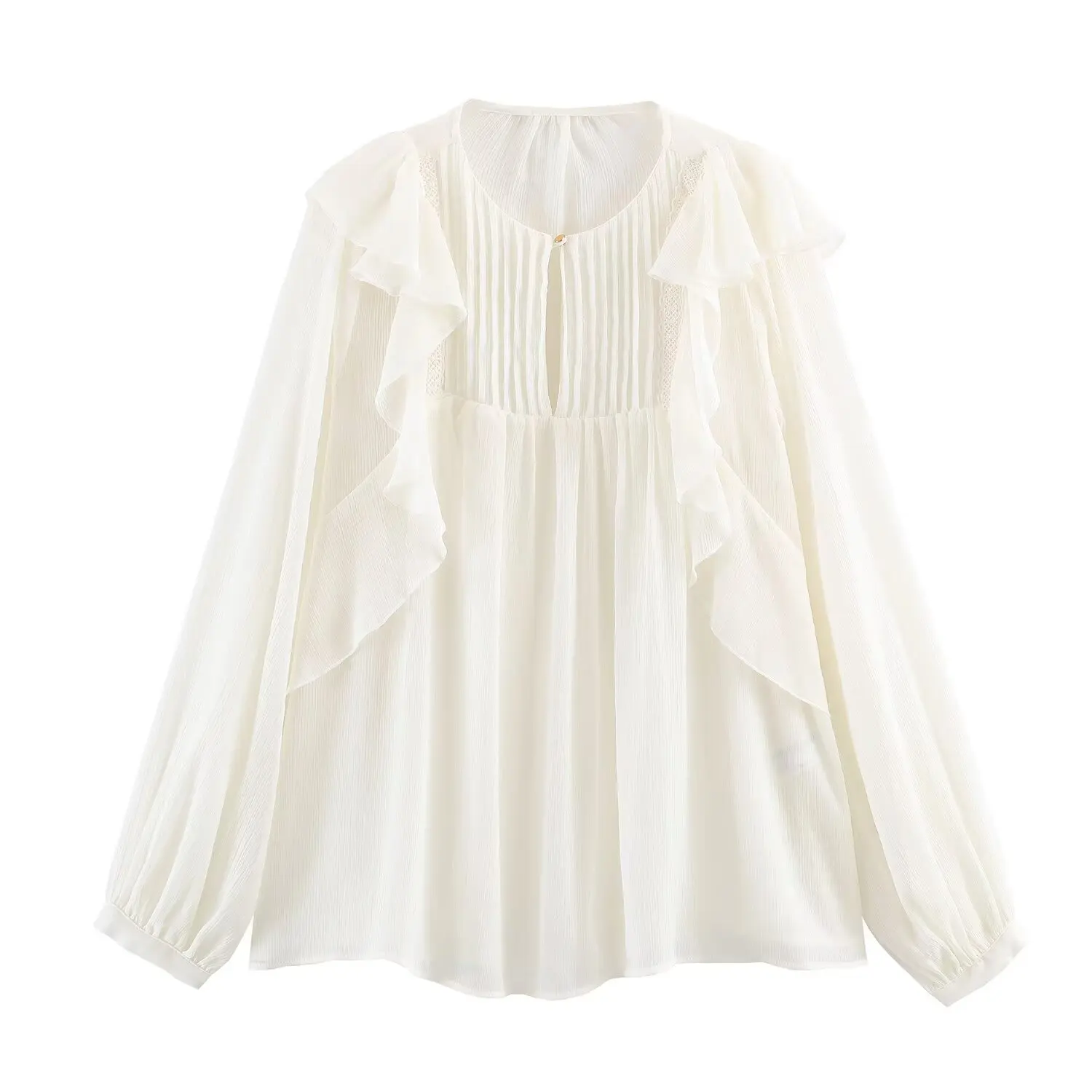 

Женская модная рубашка, белая блузка с рюшами и длинными рукавами, шифоновый топ с плиссированными деталями, элегантная рубашка с кружевной отделкой, повседневная, 3ILF