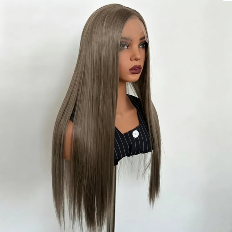180 Density 18 30 Inch #8 Ash Brown Long Straight Hair 13 * 4 Front Lace Hand Hook Matte High Temperature Silk Chemical Fiber