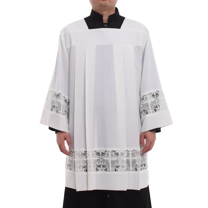 White Surplice Pastor Robe Catholic Pleated Lace Liturgical Cotta Priest Vestments Cassock