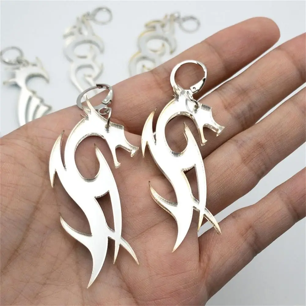 1Pair Cool Shiny Silver Color Dragon Totem Flame Acrylic Drop Earrings Animal Mirror Dangle Earrings Fashion Unisex Jewelry Gift