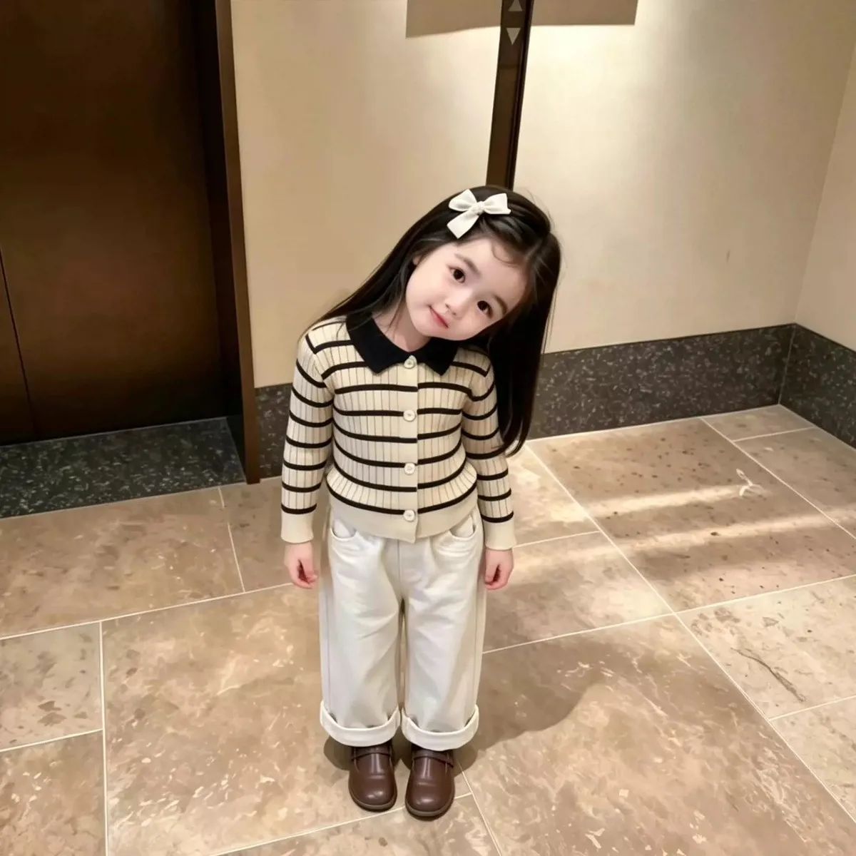 Girls Spring Autumn 2 Piece Set Striped Polo Knit Cardigan and Pants Matching Outfit Kids Casual New