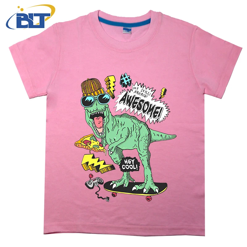 T-shirt de manga curta com dinossauro estampado para crianças, top casual, feito de algodão, adequado para meninos e meninas