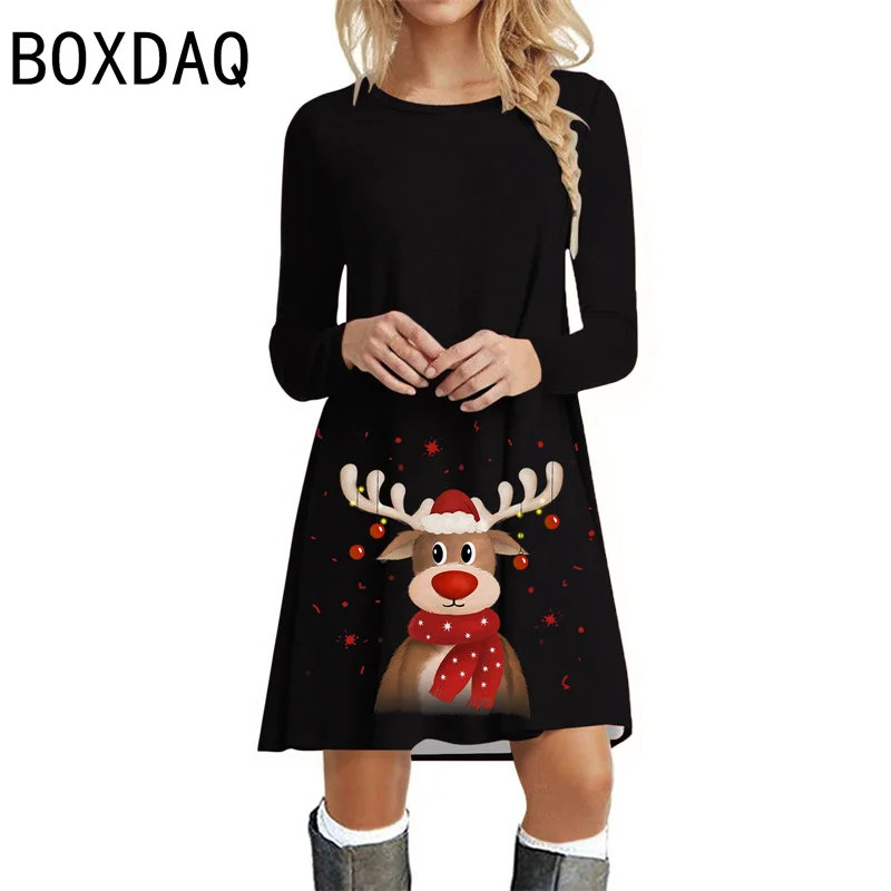 3D Cartoon Christmas Deer Pattern Printed Dress Women Autumn Long Sleeve O-Neck Big Size Dress New Christmas Party Dress Vestido