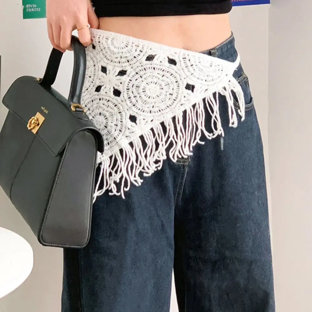 

Elegant Bohemian Turban Knitted Triangle Headscarf Cummerbund Colorful Apron Wrap with Fringe Shawl Hip Scarf Streetwear