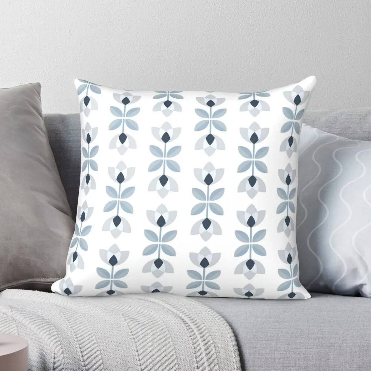 SCANDI Grey-blue 07 Square Pillowcase Polyester Linen Velvet Printed Zip Decor Sofa Cushion Cover Wholesale