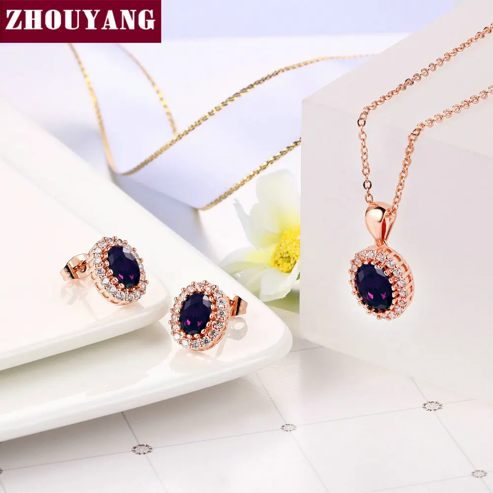 Classic Luxury Purple Crystal RoseGold Color Fashion Jewelry Set Top Quality ZYS384