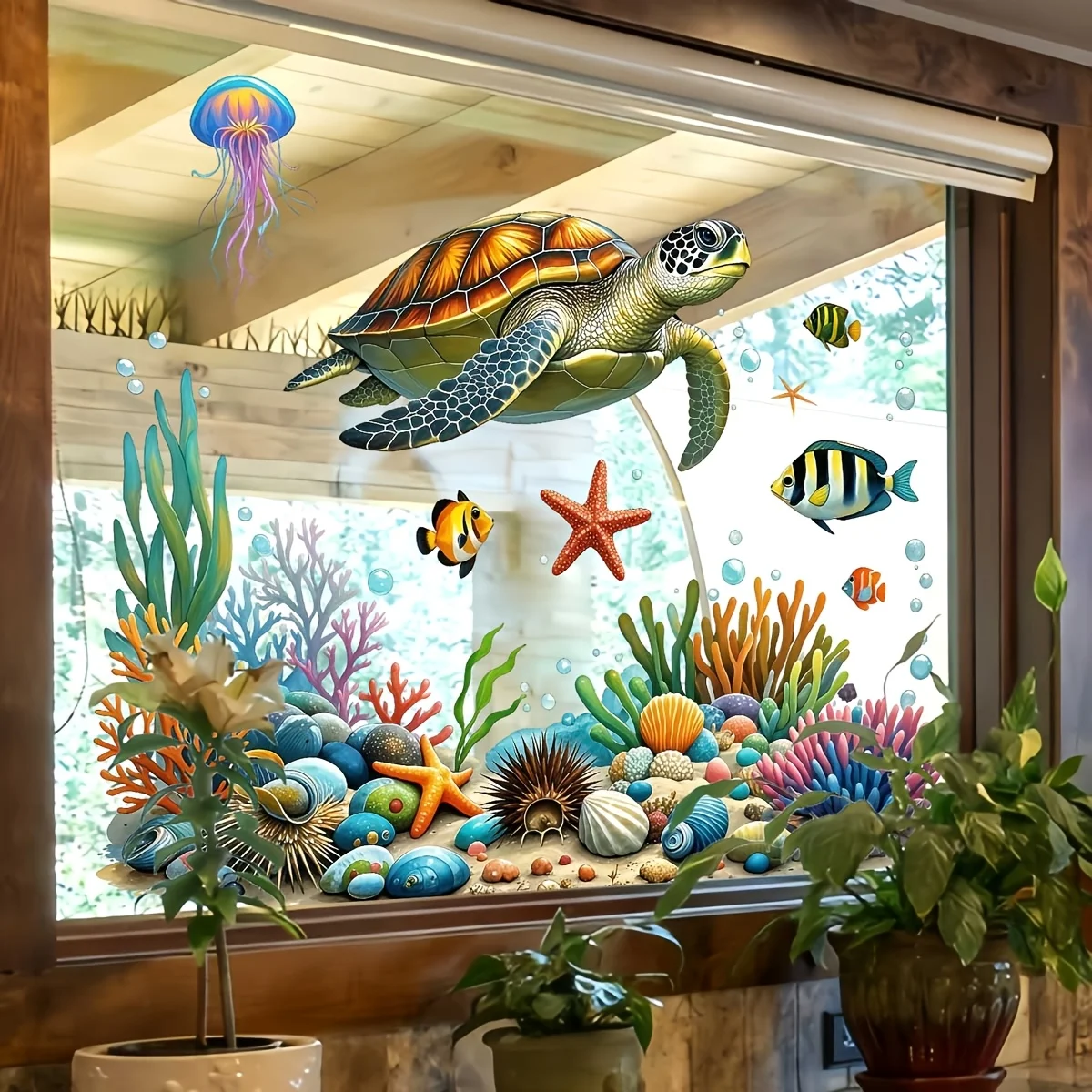 1pc Underwater World Sea Turtle Coral Wall and Window Sticker, Self-Adhesive, Suitable for Windows, Doors, Bedroom, Living Room,