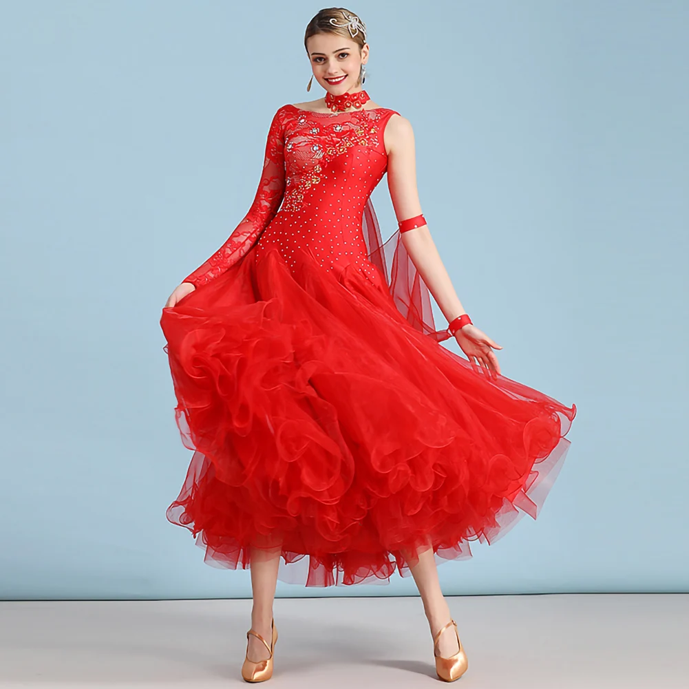 

Waltz dress Green Single Sleeve Rose Red Decal Rhinestone Ballroom Dance Lace Ballroom Ribbon Performance Practice Dress