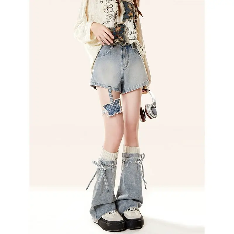 American spicy girl butterfly strap decoration washed denim shorts y2k sweet street style, paired with leg sleeves casual pants