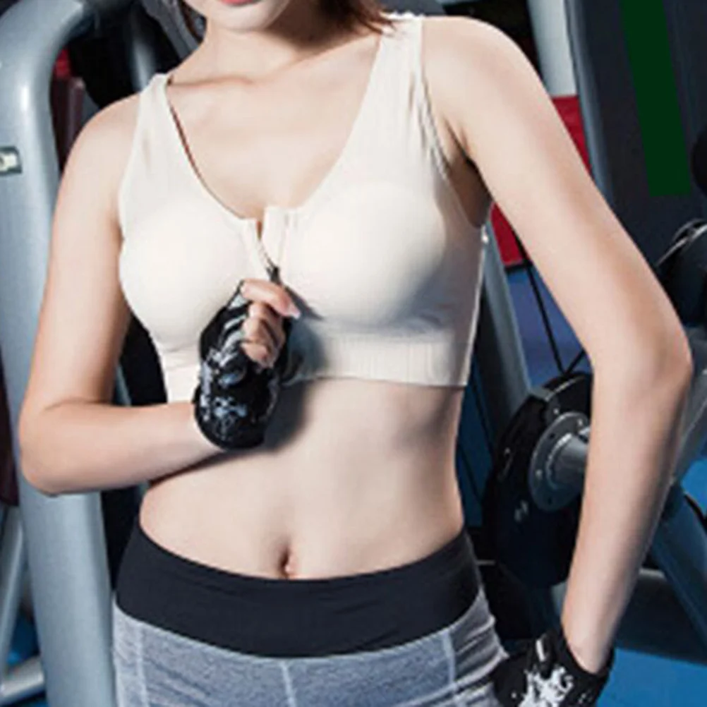 

No Steel Bra Front Zipper Padded Shockproof Breathable Sweat Absorption Fitness Yoga Sports Vest Push Up Skin Color