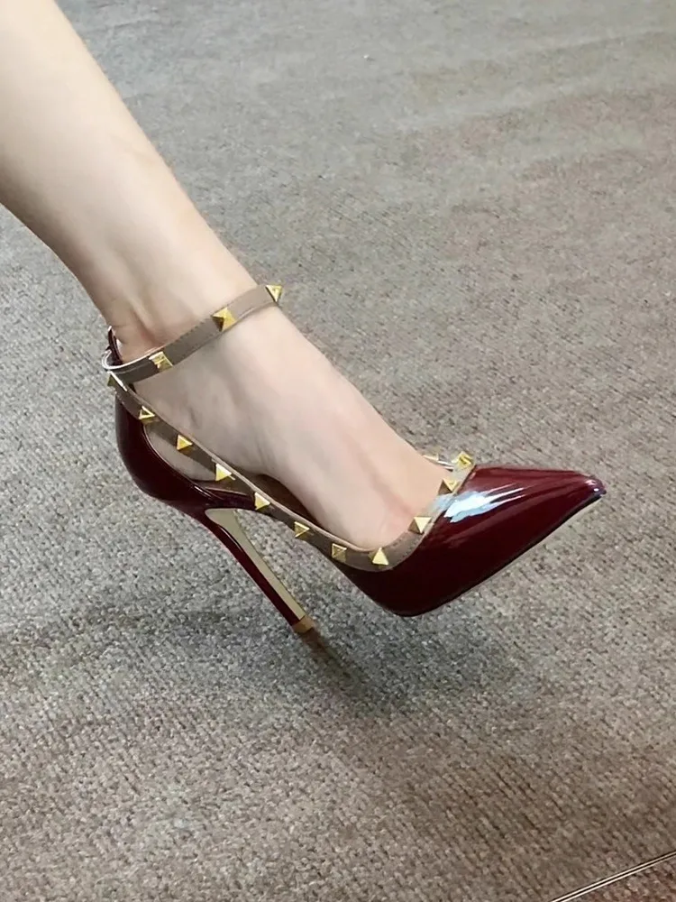 

Riveted Pointed Toe High Heels Stiletto Temperament Burgundy One-Strap Sandals Banquet Sexy Tangerine Women's Shoes