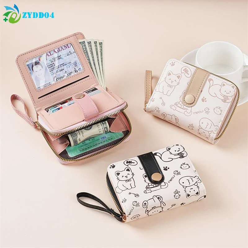 ●1Pcs Women Short Wallet PU Leather Cute Cat Coin Purse Folding Zipper Wallet ID Card Holder Travel Lightweight Cash Coin Bags