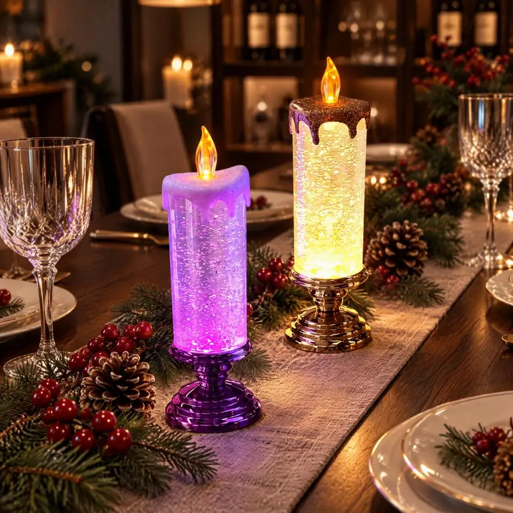 Christmas LED Candle Lamp, Glimmering Glitter Glow Candle Lantern with Simulated Flame, Holiday Tabletop Decoration Home Decor