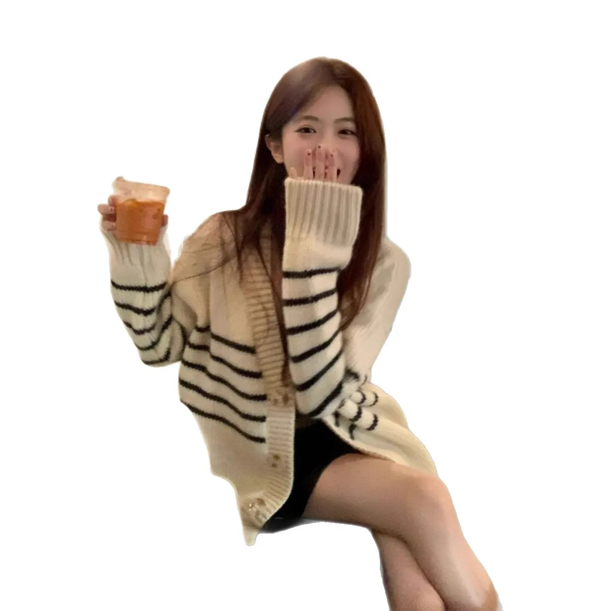 Listrado v-ne malha aberta cardigan camisola solta preguiçoso sle versátil outerwear topo para outono inverno nova chegada