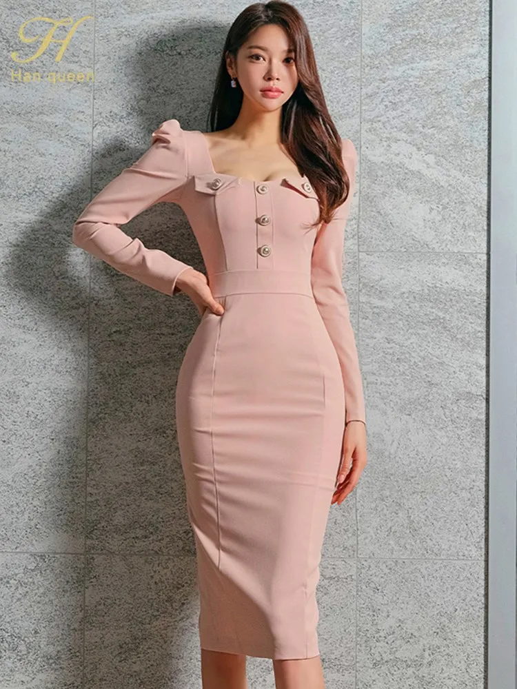 H Han Queen Hot Sales Autumn Elegant Puff Sleeve Office Sheath Pencil Dress Women Korean Party Dresses Bodycon Vestidos Female