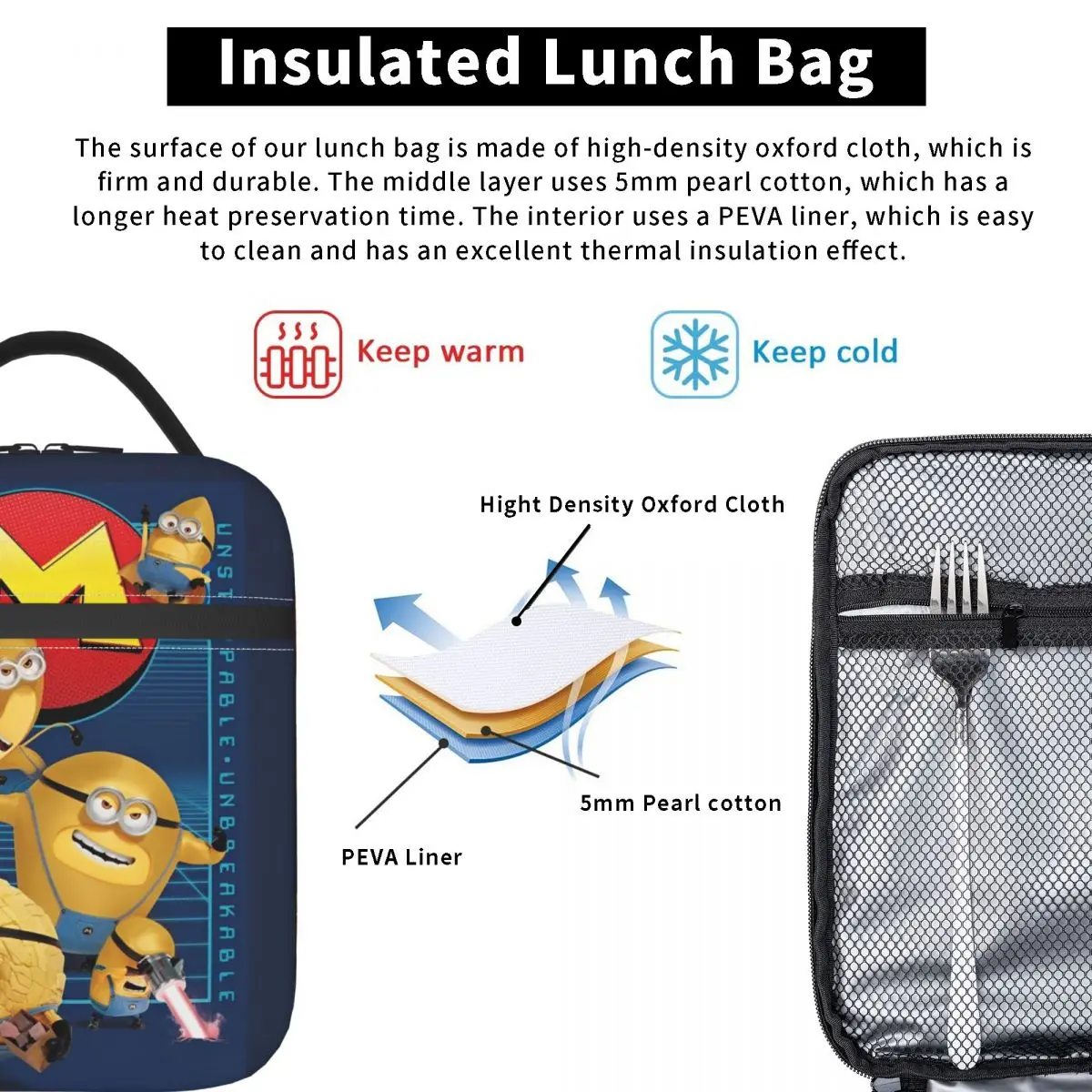 MEGA Minions Insulated Lunch Bags Leakproof Cartoon Meal Container Thermal Bag Tote Lunch Box School Outdoor Bento Pouch