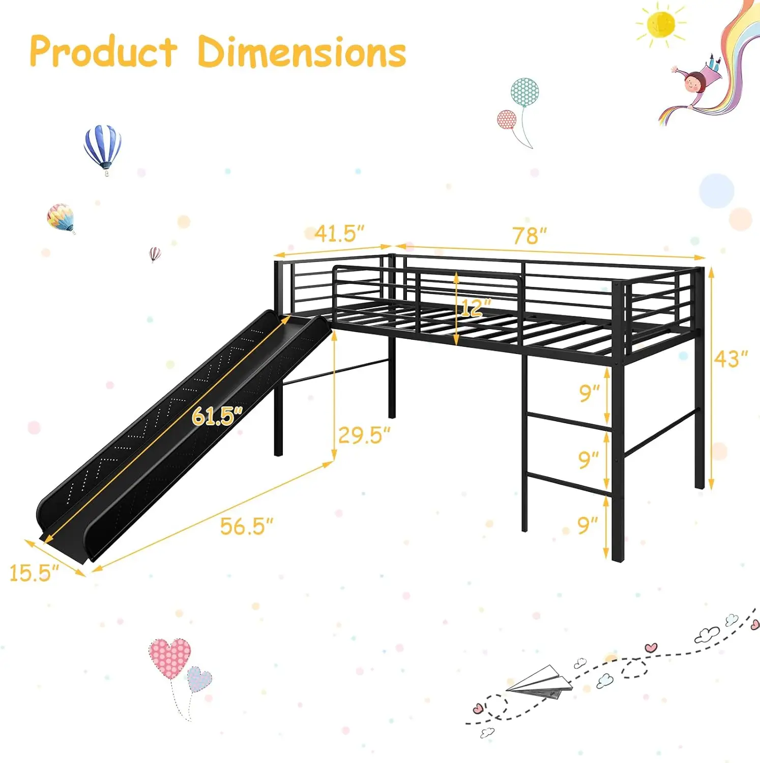 Giantex Twin Loft Bed with Slide, Metal Low Bunk Bed w/Safety Guardrails & Built-in Ladder, Toddler Bed Floor Frame for Boys & G