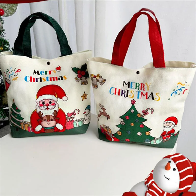 Cartoon Papai Noel Elk Christmas Gift Bag, Xmas Tree Handheld Canvas Bag, Saco De Armazenamento De Compras