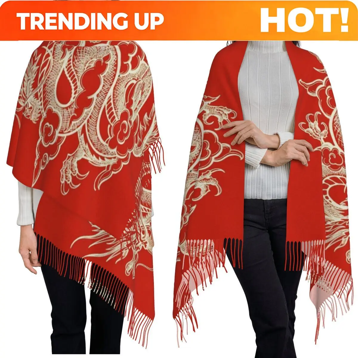 Customization Chinese Dragon Asian Oriental Style Art Scarf Tassel Scarves Women Soft Warm Shawls And Wraps Long Fall Winter Sha