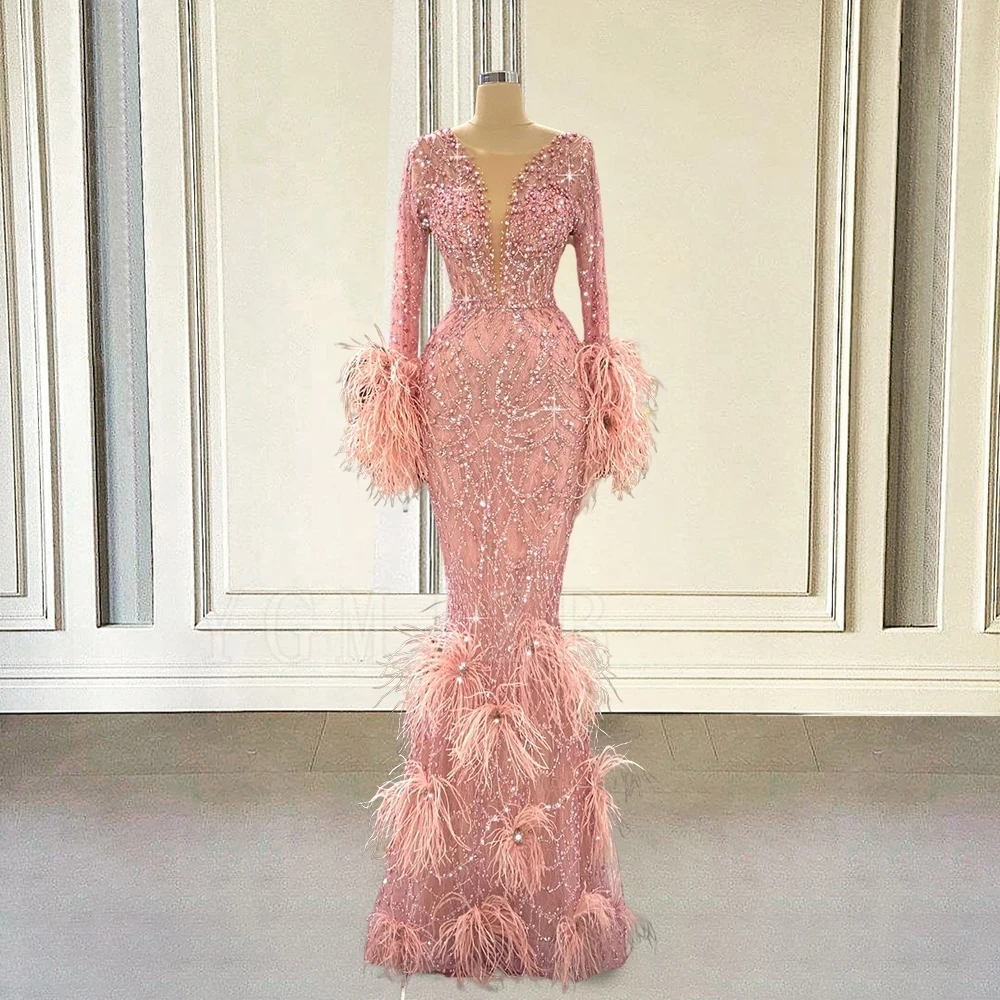 Pink Mermaid Prom Dresses Luxury Sparkly Beaded Lace with Feather Long Sleeves Women Formal Evening Party Gown Special Occasions