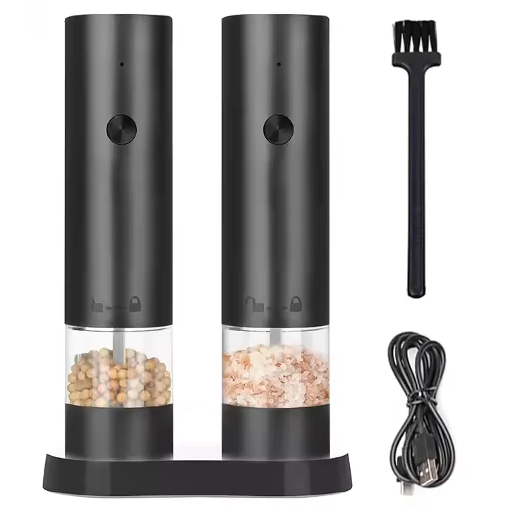 USB Rechargeable Electric Salt and Pepper Grinder Set Adjustable Coarseness Automatic Spice Herb Mill with Base Kitchen Tool