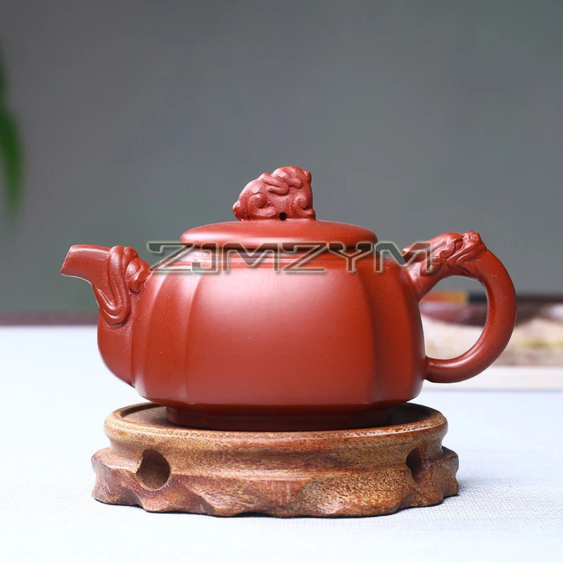 Handmade Dahongpao Clay Household Kung Fu Tea Set, Quadrangular Dragon Statue Teapot, Neo Chinese Style, 260ml