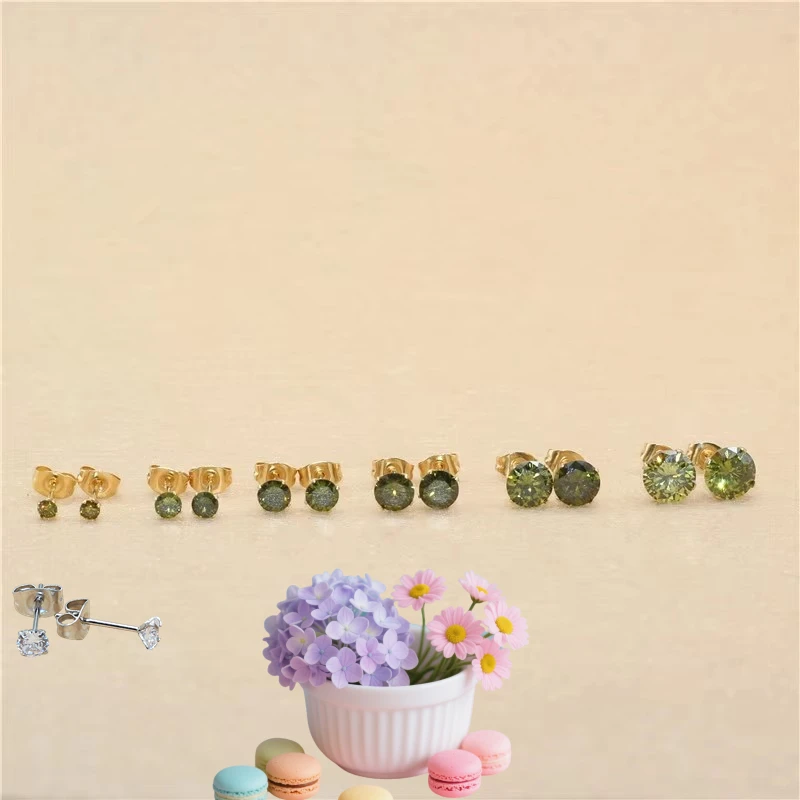 Mini Brief AAA Zircon 316 L Stainless Steel Stud Earrings Round Olive Green Crystal Jewelry With Anti Allergy