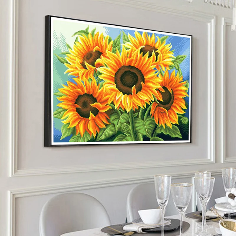 A vibrant sunflower cross-stitch kit, DIY handmade embroidery material pack, floral wall decoration painting, precise printed patterns, beginner-friendly embroidery