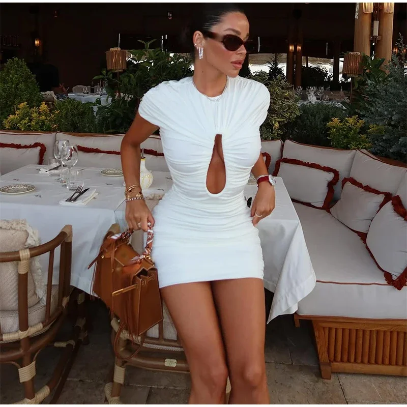 Damen Gerafftes Bodycon Minikleid Rundhals Ausschnitt mit Schlüsselloch-Konstruktion Kurzarm Sexy Party Clubwear Cocktailkleid – Detail 11