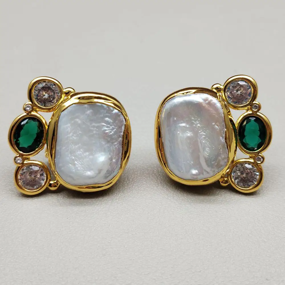 

Freshwater White Pearl Cz Pave Stud Earrings Designer Wedding Jewelry